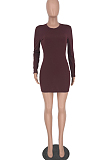 Wine Red Fashion High Elastic Pure Color Long Sleeve Round Colllar Collcet Waist Hip Mini Dress HY5237-1