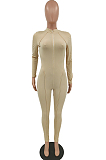 Blue Autumn Women Long Sleeve Stand Collar Zipper Collcet Waist Solid Color Bodycon Jumpsuits HXY88077-3