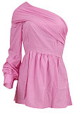 Pink Euramerican Women Solid Color Oblique Shoulder Single Sleeve T Shirt/Shirt Dress ED8387-1
