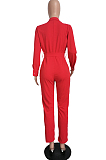 Rose Red Casual Pure Color  Long Sleeve Lapel Collar Zipper With Beltband Slim Fitting Overall Jumpsuit LML264-4
