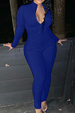 Khaki Autumn Women Long Sleeve Stand Collar Zipper Collcet Waist Solid Color Bodycon Jumpsuits HXY88077-1