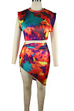 Multicolor Women Tie Dye Printing Knotted Ruffle Skirts Sets QQM4313
