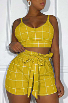 Yellow Euramerican Plaid Printing Condole Belt Crop Strapless High Waist Shorts Two-Piece HHM6192-3