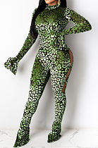 Green Positioning Printing Horn Long Sleeve Round Collar Bodycon Jumpsuits ZDD31160-2