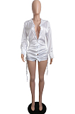 White New Autumn Drawsting Long Sleeve Lapel Colllar Single-Breasted Shirt Dress LML262-1