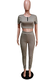 Gray Short Sleeve Front Zipper Crop T-Shirts Elasticband Long Pants Pure Color Sports Sets LJJ6051