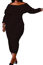 Black Euramerican Women Solid Color Flounce Long Sleeve Ribber Bodycon Jumpsuits QHH8662-2