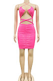 Pink Euramerican Fashion Sexy Condole Belt Hollow Out Solid Color Leather Mini Dress XZ5162-4