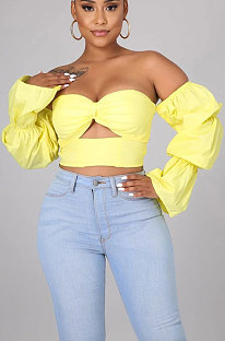 Yellow Women Solid Color Strapless Long Sleeve Ruffle Bodycon Backless Crop Tops YF9134-2