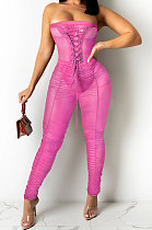 Rose Red Strapless Sexy Pure Color Bandage Back Zipper Perspectivity Ruffle Bodycon Jumpsuits XZ5183-4
