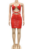 Red Euramerican Fashion Sexy Condole Belt Hollow Out Solid Color Leather Mini Dress XZ5162-3
