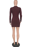 Wine Red Fashion High Elastic Pure Color Long Sleeve Round Colllar Collcet Waist Hip Mini Dress HY5237-1