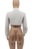 White Fashion Pure Color Long Sleeve Short Cardigan Sexy Crop Shirts WSY5897