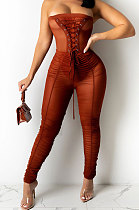 Red Strapless Sexy Pure Color Bandage Back Zipper Perspectivity Ruffle Bodycon Jumpsuits XZ5183-2