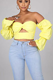 White Women Solid Color Strapless Long Sleeve Ruffle Bodycon Backless Crop Tops YF9134-1