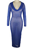 Blue Women Hot Golden Sequins Mesh Spaghetti Long Sleeve Club Long Dress No Underwear QQM4318