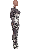 Coffee Positioning Printing Horn Long Sleeve Round Collar Bodycon Jumpsuits ZDD31160-1
