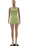 Neon Green Cute Fashion Stripe Condole Belt Tank Shorts Casual Sets LSZ9070-3
