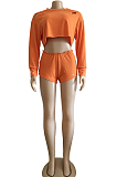 Orange Long Sleeve Round Neck Hollow Out Crop Top Shorts Two-Piece WM21703-2
