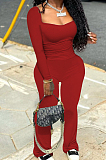 Rose Red Autumn Wholesal Solid Color Long Sleeve Square Neck Flare Long Pants Bodycon Two-Piece YYF8241-4