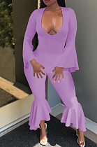 Light Purple Sexy Horn Sleeve V Collar Slim Fitting Solid Color Flare Bodycon Jumpsuits WM21726-1
