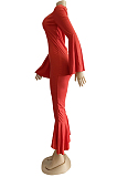 Red Sexy Horn Sleeve V Collar Slim Fitting Solid Color Flare Bodycon Jumpsuits WM21726-2