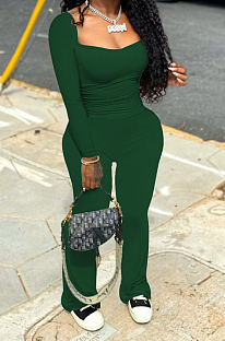 Blackish Green Autumn Wholesal Solid Color Long Sleeve Square Neck Flare Long Pants Bodycon Two-Piece YYF8241-1