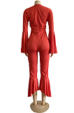 Red Sexy Horn Sleeve V Collar Slim Fitting Solid Color Flare Bodycon Jumpsuits WM21726-2
