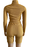 Light Gray Ribber Long Sleeve High Collar T-Shirt High Waist Shorts Solid Color Casual Sets WM21709-3