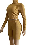 Black Ribber Long Sleeve High Collar T-Shirt High Waist Shorts Solid Color Casual Sets WM21709-1