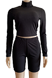 Black Ribber Long Sleeve High Collar T-Shirt High Waist Shorts Solid Color Casual Sets WM21709-1