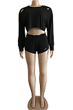 Black Long Sleeve Round Neck Hollow Out Crop Top Shorts Two-Piece WM21703-3