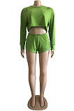 Grass Green Long Sleeve Round Neck Hollow Out Crop Top Shorts Two-Piece WM21703-1