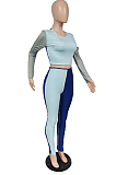 Light Blue Fashion Autumn And Winter Spliced Long Sleeve Round Neck Crop Top Bodycon Pants Slim Fitting Soprts Sets TC049-1