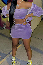 Purple Casual Wholesal Long Sleeve Zippet Hoodie Coat &Strapless Short Skirts Sport Three Piece TC091-3