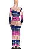 Multicolor Euramerican Women Digital Printing Ribber Strapless Long Sleeve Zipper Long Dress SMY8047