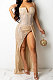 Apricot Trendy Euramerican Club Hot Drilling Sequins Mesh Spaghetti Condole Belt V Neck Split Long Dress XZ5263-3