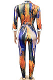 Red Euramerican Fashion Digital Printing V Neck Long Sleeve Long Pants Sets XZ5281-3