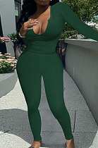 Blackish Green Sexy Women Long Sleeve Low-Cut Bodycon Pants Solid Color Strach Two-Piece YYF8238-7