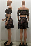 Black Women Sexy Lace Fashion Strapless Dew Waist Short Sleeve Skirts Sets YS501