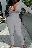 Gray Sexy Women Long Sleeve Low-Cut Bodycon Pants Solid Color Strach Two-Piece YYF8238-5