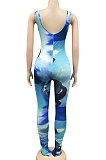 Blue Women Digital Printing Sleeveless Sexy Condole Belt Bodycon Jumpsuits XZ5195-1