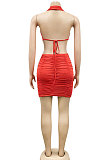 Red Euramerican Solid Color Women Halter Neck Backless Drawsting Sexy Bandage Ruffle Mini Dress XZ5220-2