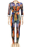 Orange Euramerican Fashion Digital Printing V Neck Long Sleeve Long Pants Sets XZ5281-1