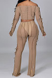 Khaki Euramerican Long Sleeve Off Shoulder Straplee Sexy Tight Pure Color Milk Silk Pants Sets YF9204-2