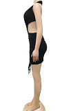 Black Euramerican Solid Color Women Halter Neck Backless Drawsting Sexy Bandage Ruffle Mini Dress XZ5220-1
