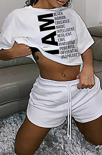 White Euramerican Letter Printing Short Sleeve Round Neck T-Shirt Shorts Loose Solid Color Sports Sets TC062-1
