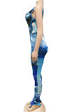 Blue Women Digital Printing Sleeveless Sexy Condole Belt Bodycon Jumpsuits XZ5195-1