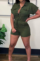 Army Green Summer New Short Sleeve Lapel Neck Cardigan Collcet Waist Woven Romper Shorts TC090