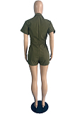 Army Green Summer New Short Sleeve Lapel Neck Cardigan Collcet Waist Woven Romper Shorts TC090